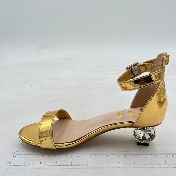 FYS Gold Rhinestone Studded Round Toe Sandals Ankle Strap Block Low Heels Shoes - Picture 2 of 8